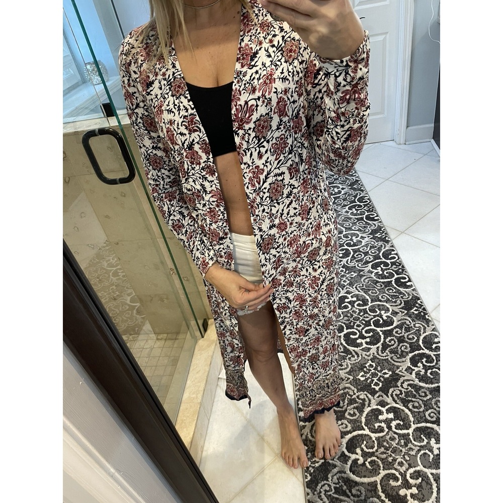 Altar'd State Long Open White Red Floral Duster Kimono Size Small New Nwt